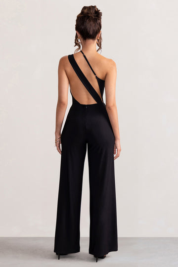 Vienna Black Asymmetric Cowl Neck Wide Leg Jumpsuit With Open Back Detail